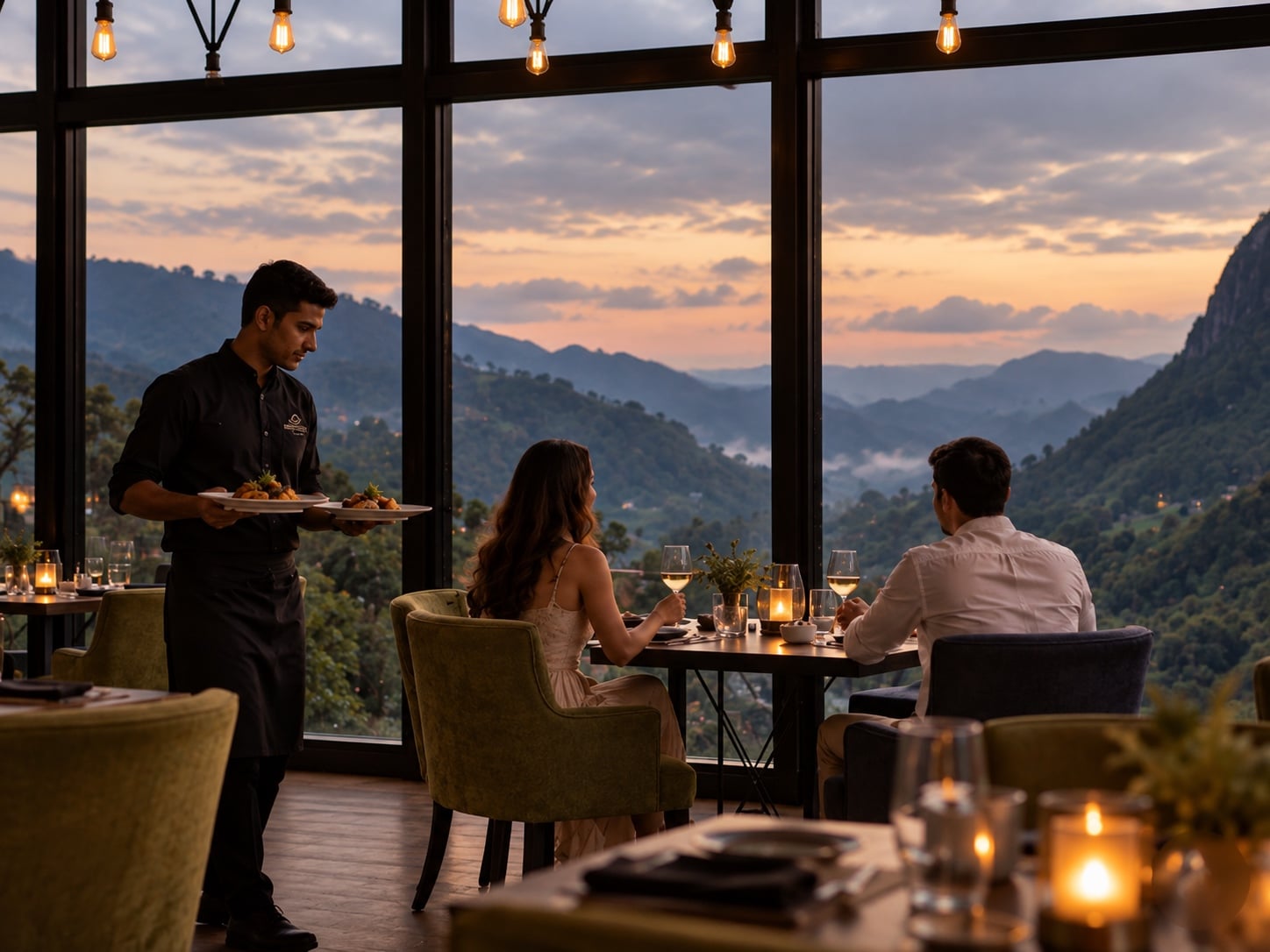 hide-ella-restaurant-evening-dining-ella-sri-lanka Guests enjoying fine dining with table service at Hide Ella Hotel & Resort restaurant in Ella, Sri Lanka. Caption: Evening dining at Hide Ella Hotel & Resort, Ella, Sri Lanka.